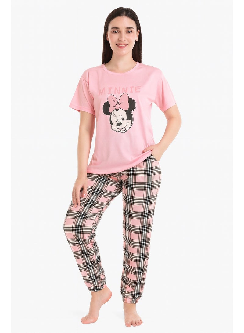 Women's Pink Pajama Set – Short Sleeve Tee & Plaid Pants, Soft Cotton Sleepwear - Image 1